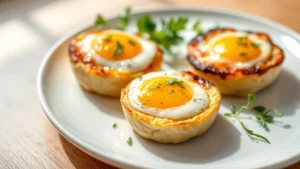 Close-up professional shot of three different egg bite varieties arranged on a white ceramic plate with fresh herbs, natural morning sunlight, clean minimalist food photography style, shallow depth of field, no text or labels visible