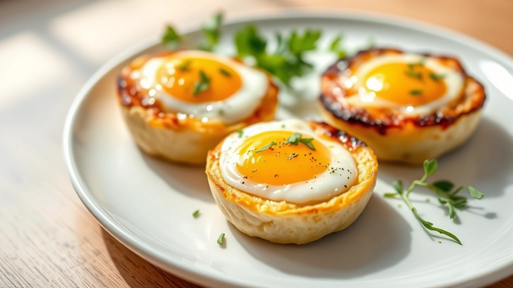 Close-up professional shot of three different egg bite varieties arranged on a white ceramic plate with fresh herbs, natural morning sunlight, clean minimalist food photography style, shallow depth of field, no text or labels visible