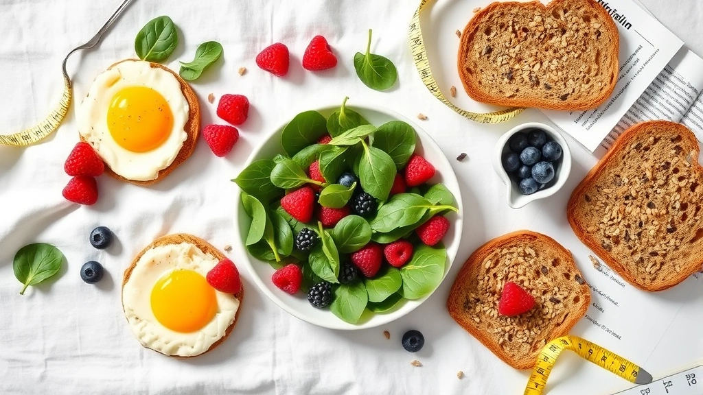 Overhead flat lay of breakfast table with egg bites, fresh spinach leaves, berries, whole grain toast, measuring tape, and nutrition notes on white linen, bright natural lighting, health-focused composition, no screens or text visible