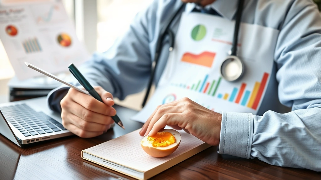 Professional nutritionist reviewing food charts and dietary guidelines at desk with egg bite product visible, notepad with health metrics, natural workspace lighting, focused analytical mood, no readable text on documents