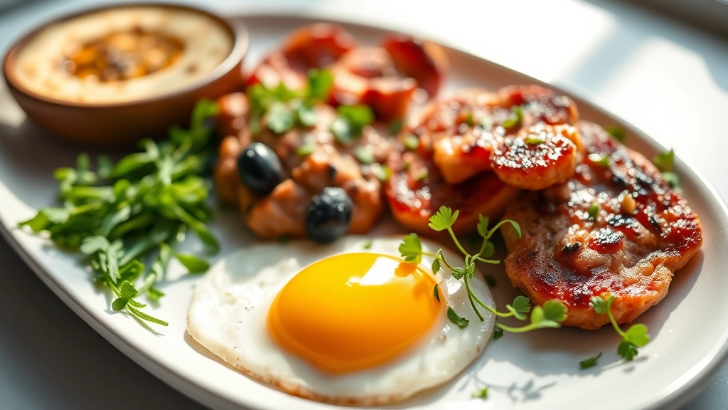 Close-up of protein-rich breakfast foods arranged artfully on a modern white plate with fresh herbs and microgreens, morning sunlight creating soft shadows, minimalist food photography style, shallow depth of field