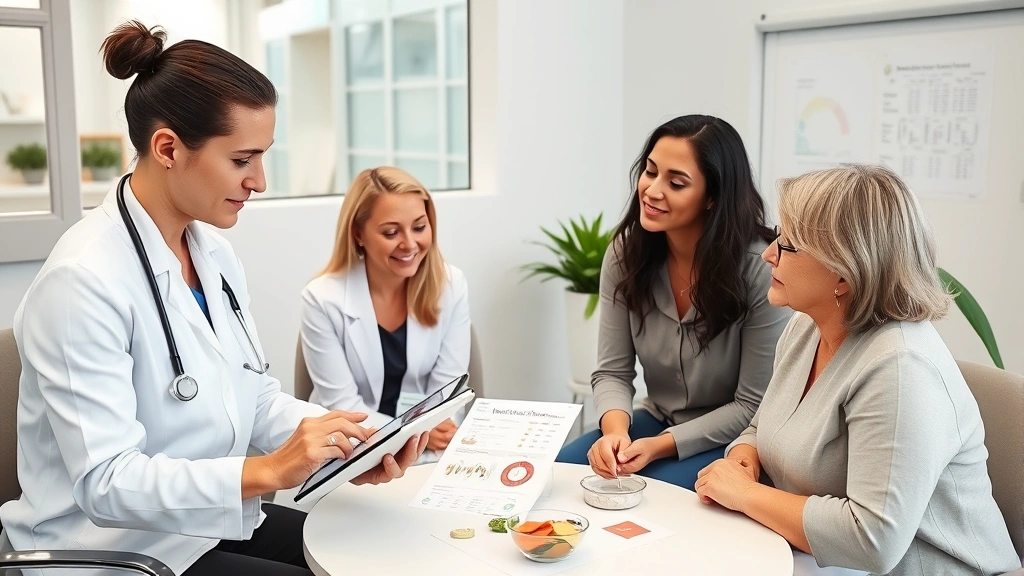 Registered dietitian nutritionist reviewing nutrition facts and micronutrient data on tablet while consulting with diverse clients in bright, professional healthcare consultation office setting with wellness charts visible
