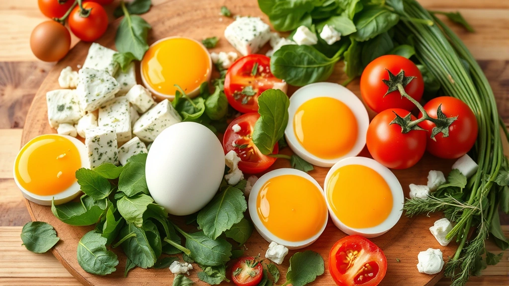 Vibrant array of whole food breakfast ingredients including eggs, fresh spinach, feta cheese, tomatoes, and herbs arranged on natural wooden surface with soft natural lighting emphasizing food quality and freshness
