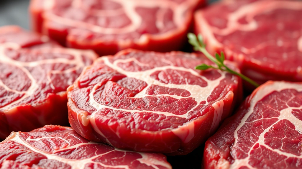 Close-up of raw steak cuts displaying marbling patterns and color variations, professional food photography lighting, shallow depth of field, isolated against neutral background