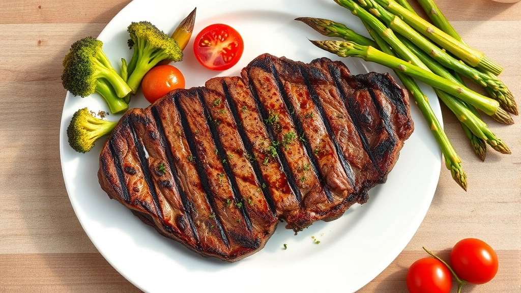 Overhead flat-lay of grilled steak on white plate with colorful roasted vegetables including broccoli, asparagus, and cherry tomatoes, steam rising, natural daylight illumination