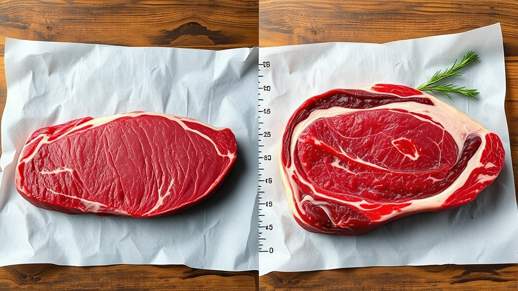 Split-screen comparison showing lean sirloin cut on one side and heavily marbled ribeye on the other, raw steaks on butcher paper with measurement scale, professional food styling
