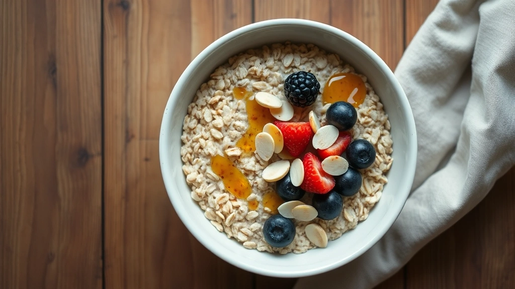 Overhead view of a warm bowl of cooked steel cut oats with fresh berries, sliced almonds, and a drizzle of honey, minimalist wooden table setting, natural lighting