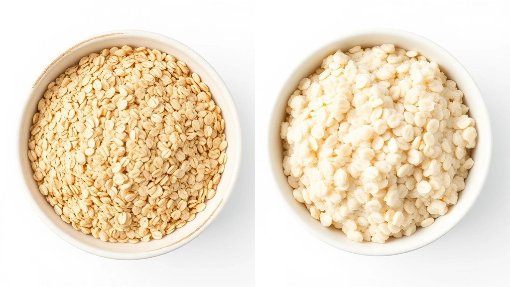 Split-screen comparison showing dry steel cut oats on left side and fluffy cooked oats on right side in matching bowls, clean white background, professional food photography style