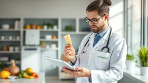Professional nutritionist in modern clinic holding string cheese stick while reviewing nutrition chart on tablet, natural lighting, healthy food environment, scientific atmosphere