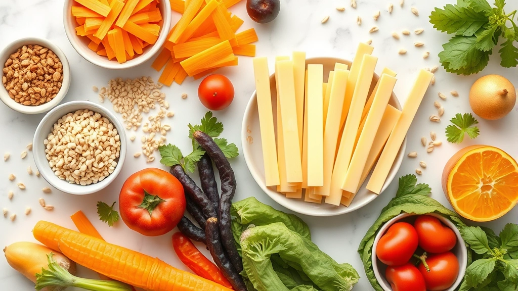 Overhead flat lay of string cheese sticks arranged with fresh vegetables, whole grains, and fruit on marble countertop, vibrant colors, nutritious snack composition, dietary balance visualization