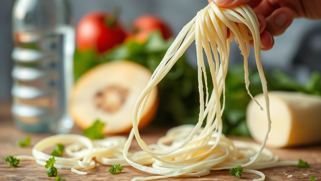 Close-up of string cheese being pulled apart showing texture and stretch, with blurred fresh produce and water bottle in background, appetizing food photography, healthy lifestyle context