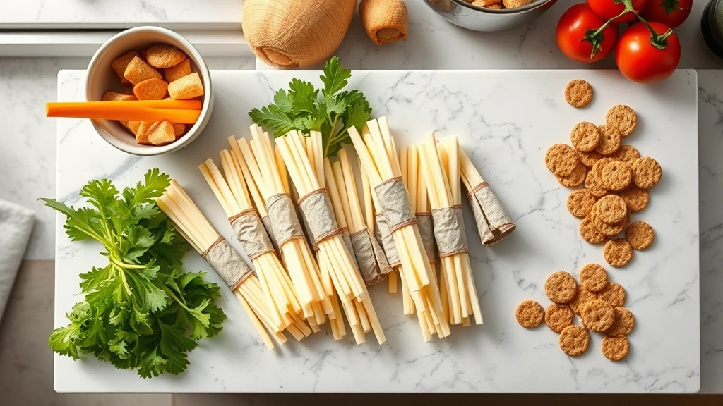 Professional overhead shot of individually wrapped string cheese sticks arranged artfully on a modern kitchen counter with fresh vegetables and whole grain crackers nearby, natural window lighting, minimalist aesthetic, food photography style