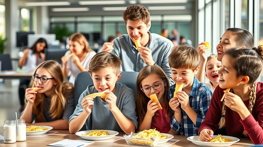Diverse group of people of various ages enjoying string cheese as snacks in different settings—office, gym, school lunch, family gathering—bright natural lighting, candid lifestyle photography, showing real consumption contexts