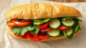 Overhead shot of a fresh six-inch Subway sandwich on whole wheat bread with vibrant vegetables including spinach, tomatoes, bell peppers, and cucumbers, photographed in natural daylight with shallow depth of field, professional food styling, no text visible