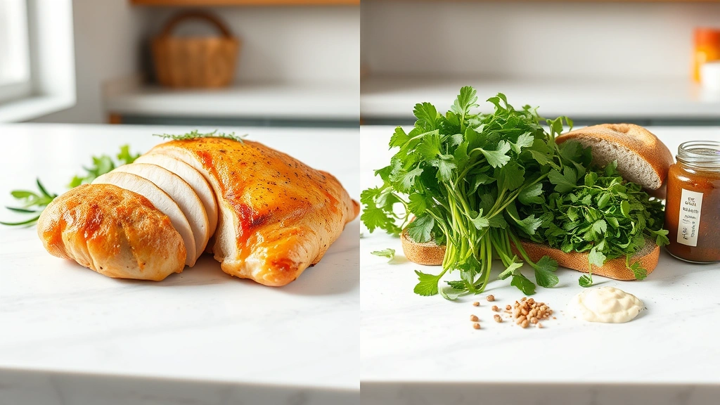 Split-screen comparison showing ingredient components: lean rotisserie chicken breast, whole grain bread, fresh microgreens, and condiments arranged separately on a clean kitchen counter with natural lighting, artfully composed nutritional education visual