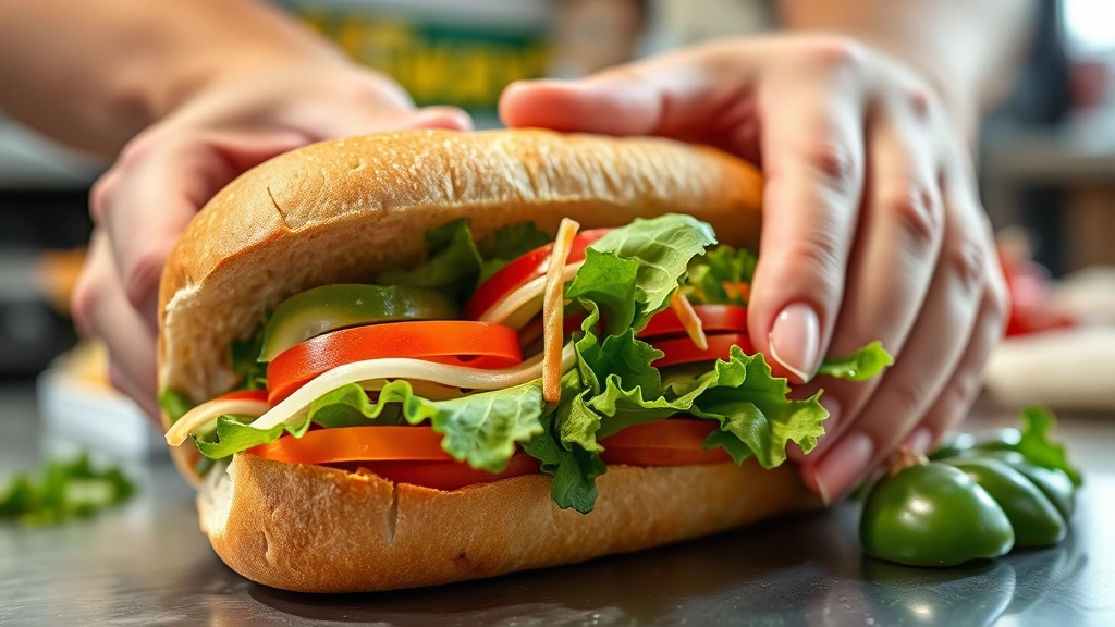Close-up detail shot of hands assembling a customized Subway sandwich with emphasis on vegetable selection and topping placement, captured mid-construction showing the customization process, professional food photography, bright natural light, no signage or text