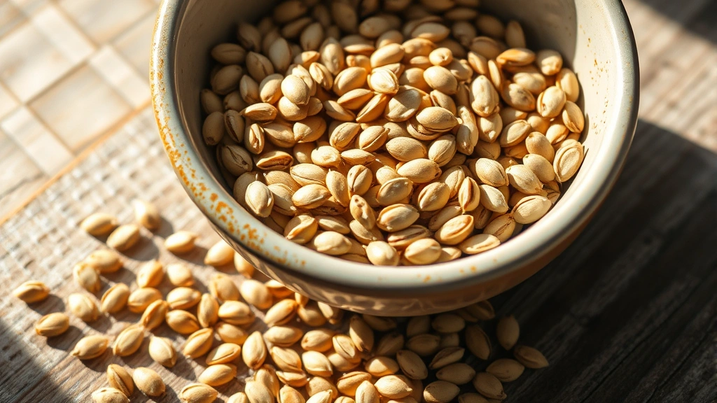 Close-up of raw sunflower seeds in a ceramic bowl with natural sunlight, scattered seeds on wooden surface, photorealistic detail