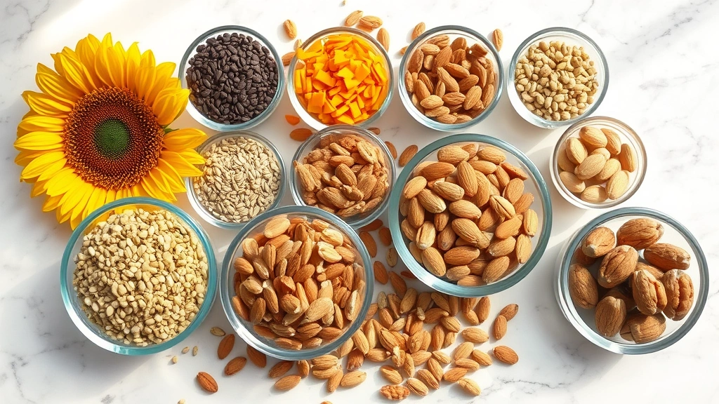 Diverse array of seeds and nuts arranged on marble countertop: sunflower, pumpkin, flax, almonds, walnuts in glass containers, natural lighting