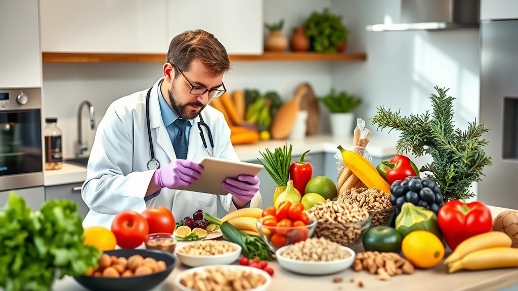 Professional nutritionist analyzing colorful whole foods including fresh vegetables, fruits, nuts, and grains arranged on a modern kitchen counter with natural lighting
