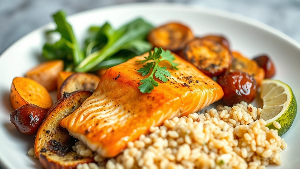 Close-up of vibrant healthy meal components - salmon fillet, quinoa, roasted vegetables, and leafy greens on a white plate with scientific precision