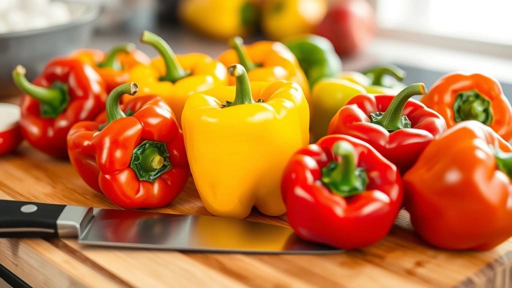 Vibrant assortment of fresh bell peppers in red, yellow, orange, and green colors arranged on a wooden cutting board with a chef's knife, natural kitchen lighting, shallow depth of field focusing on pepper textures and glossy surfaces