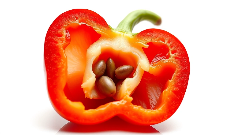 Close-up cross-section of a red bell pepper showing internal chambers and seeds, photographed against bright white background with professional macro lighting highlighting the pepper's cellular structure and translucent flesh