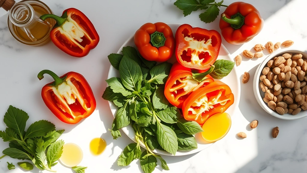 Overhead flat lay composition of healthy meal ingredients featuring sliced sweet peppers, fresh leafy greens, olive oil drizzle, legumes, and nuts arranged artistically on marble countertop with natural daylight streaming across the scene