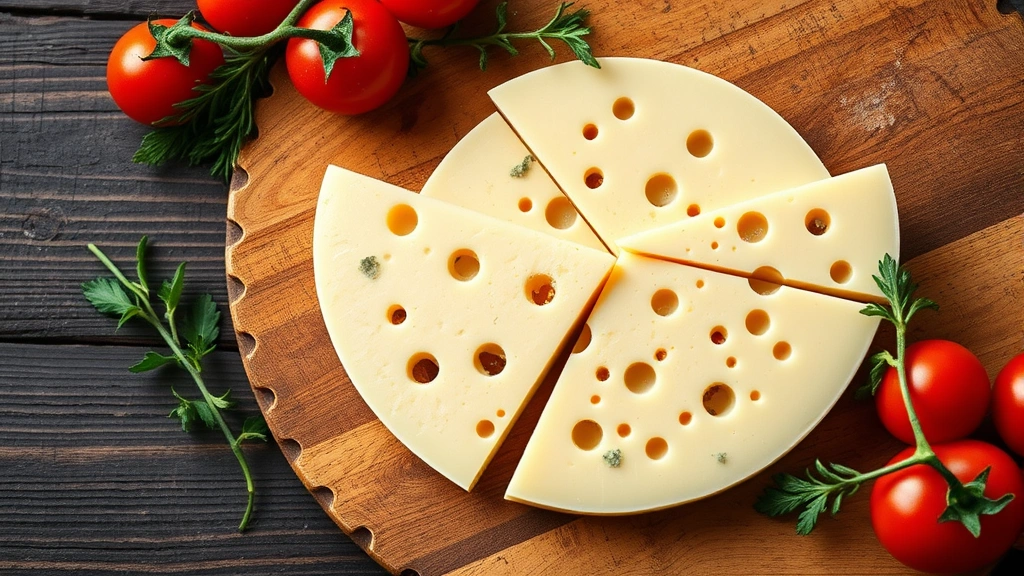 Overhead flat lay of sliced Swiss cheese on wooden cutting board with fresh herbs and tomatoes, natural lighting, shallow depth of field emphasizing cheese texture and holes