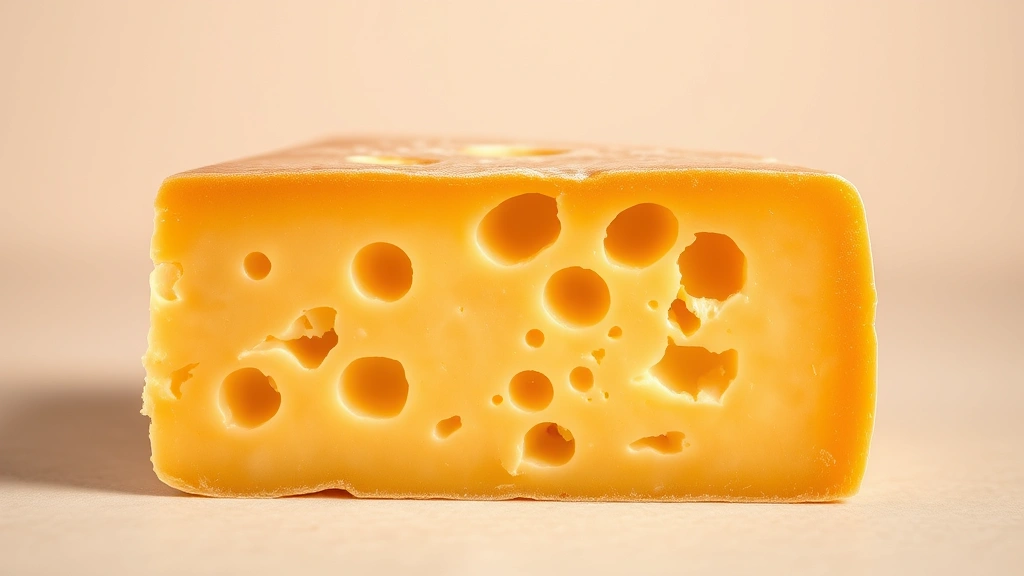 Close-up cross-section of Swiss cheese showing characteristic holes and golden color, professional food photography with warm studio lighting on neutral background
