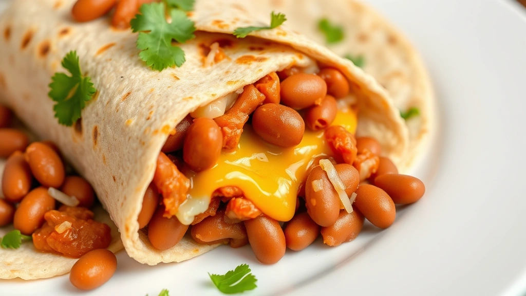 Close-up of a deconstructed bean burrito showing refried beans, melted cheese, and wheat tortilla on a white plate with fresh cilantro garnish, professional food photography lighting, no text or labels visible
