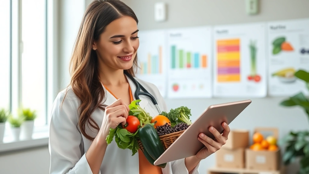 Registered dietitian reviewing nutritional data on tablet while holding fresh vegetables and legumes, modern clinic setting with blurred nutrition charts in background, natural window lighting, professional attire