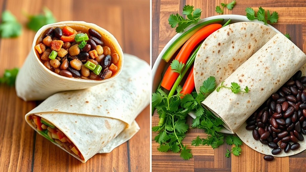Split-screen comparison showing Bean Burrito on left side and fresh homemade burrito ingredients on right side including black beans, vegetables, whole grain tortilla, and fresh herbs arranged on wooden surface, bright natural lighting