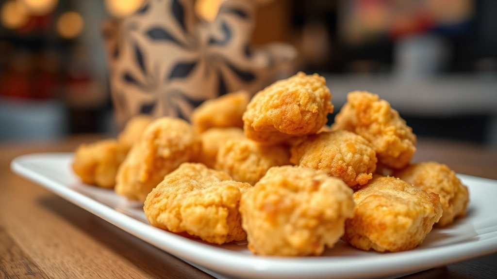 Close-up of golden crispy fried chicken nuggets on a white plate with steam rising, professional food photography, shallow depth of field, warm lighting, fast-casual restaurant style presentation