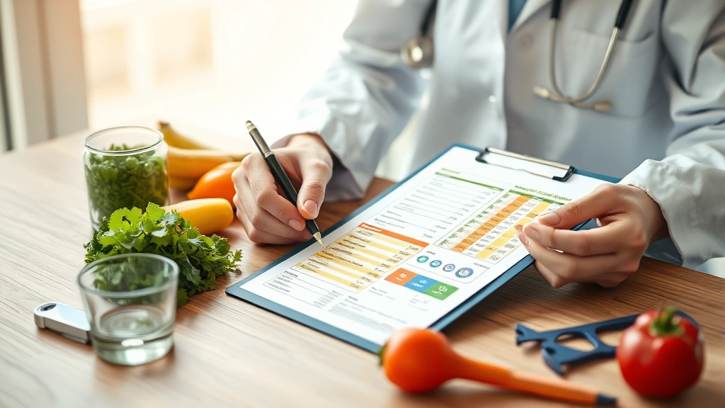 Nutritionist reviewing food labels and nutritional data on clipboard with fresh vegetables and measuring tools on wooden desk, professional healthcare setting, natural daylight, focused analytical work