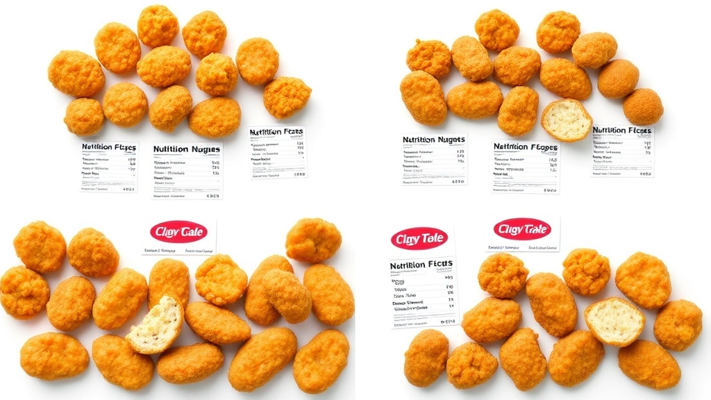 Split-screen comparison of different fast-food chicken nuggets from various chains arranged on white background with nutritional information cards, clean product photography, professional commercial style