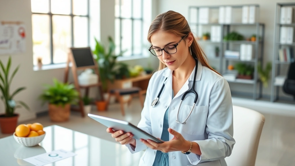 Professional dietitian analyzing nutritional data on tablet computer, modern clinic office environment with nutrition charts visible, natural lighting, focused professional expression