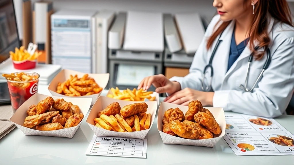 Nutritionist comparing different fast-food chicken options on desk with calorie and sodium reference charts, organized workspace, professional healthcare setting