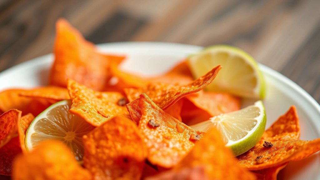 Vibrant close-up of spicy red tortilla chips scattered on a white ceramic plate with lime wedge, professional food photography with natural lighting and shallow depth of field