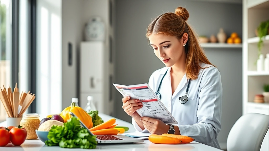 Nutritionist reviewing colorful food labels and nutrition fact panels at a modern desk with tablet and fresh vegetables, bright clinical healthcare environment with soft natural light