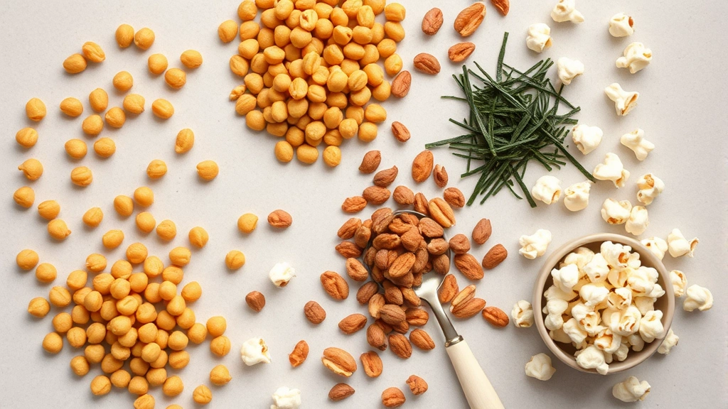 Overhead flat lay of healthy snack alternatives including roasted chickpeas, seaweed snacks, mixed nuts, and air-popped popcorn arranged artfully on neutral background with minimalist aesthetic