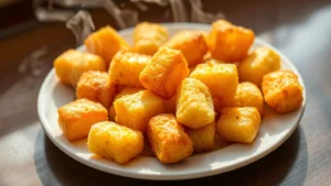 Golden crispy tater tots arranged on a white plate with steam rising, photographed from above with natural lighting, shallow depth of field focusing on the texture