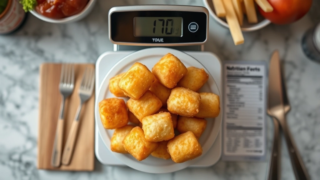 Overhead shot of a modern kitchen scale displaying tater tots being measured, with nutrition label visible blurred in background, professional food photography style