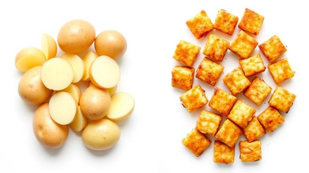 Split-screen comparison showing fresh raw potatoes on left side and finished golden tater tots on right side, clean white background, professional food styling