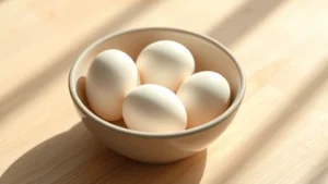 Close-up of three fresh eggs in a ceramic bowl on a light wooden table with morning sunlight streaming across, photorealistic, minimalist composition, no text visible