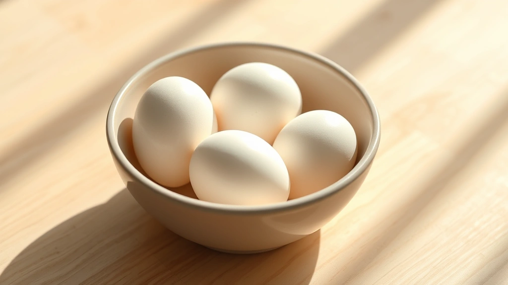 Close-up of three fresh eggs in a ceramic bowl on a light wooden table with morning sunlight streaming across, photorealistic, minimalist composition, no text visible