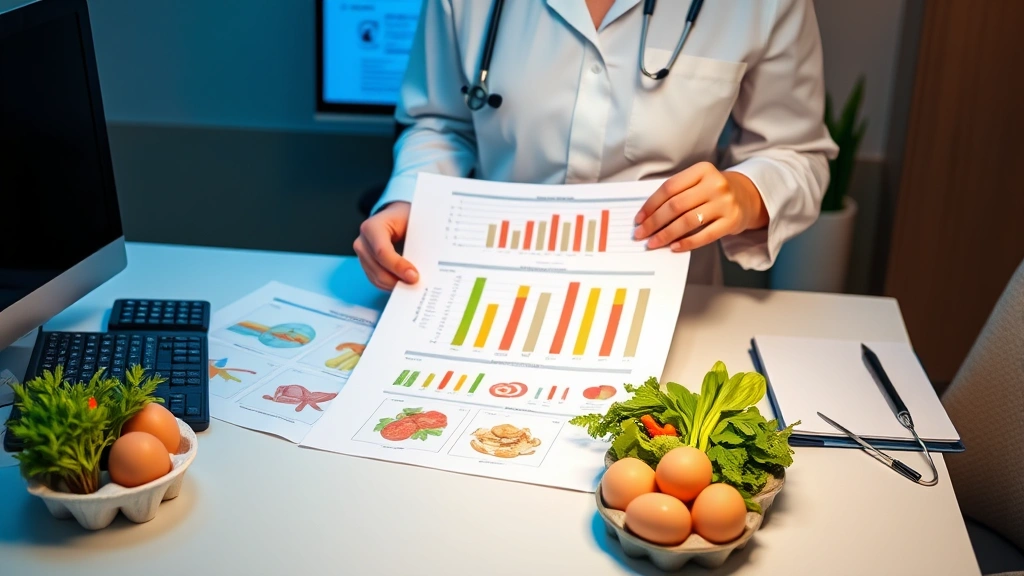 A nutritionist reviewing dietary charts and food models on a modern desk with fresh eggs displayed, professional healthcare setting, warm lighting, no screens or text visible