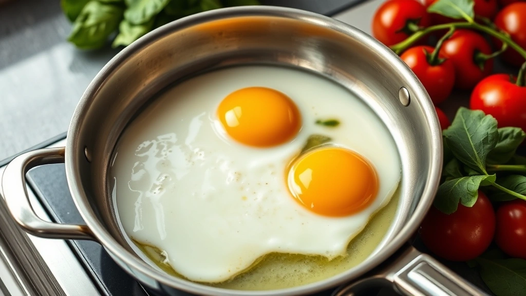 Three eggs being prepared in a stainless steel pan with fresh vegetables like spinach and tomatoes nearby, cooking preparation scene, steam visible, photorealistic, no recipe text