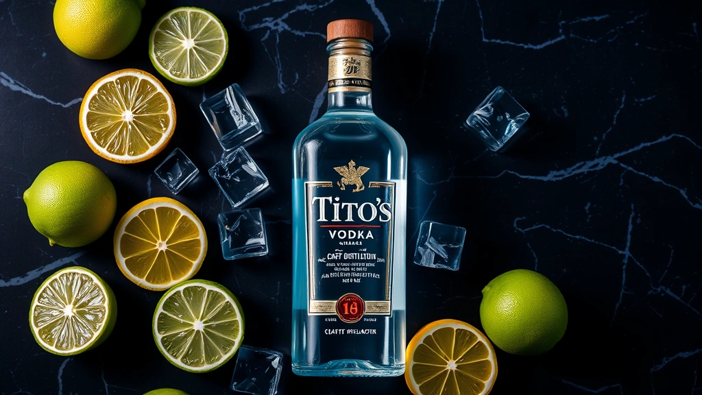 Professional flat-lay photography of a Tito's vodka bottle surrounded by fresh lime, lemon, and clear ice cubes on a dark marble surface with subtle blue lighting reflecting off the glass bottle, emphasizing craft distillation and purity
