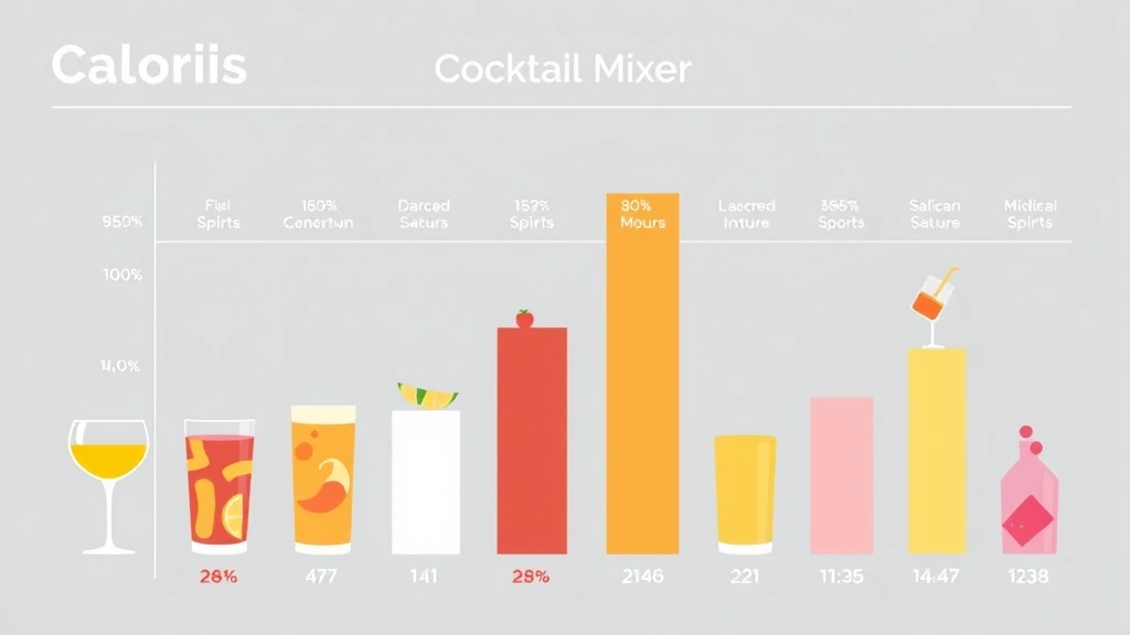 Modern minimalist infographic-style visual showing calorie and nutritional comparison bars for different spirits and cocktail mixers, with clean typography and digital health analytics aesthetic, no actual text visible