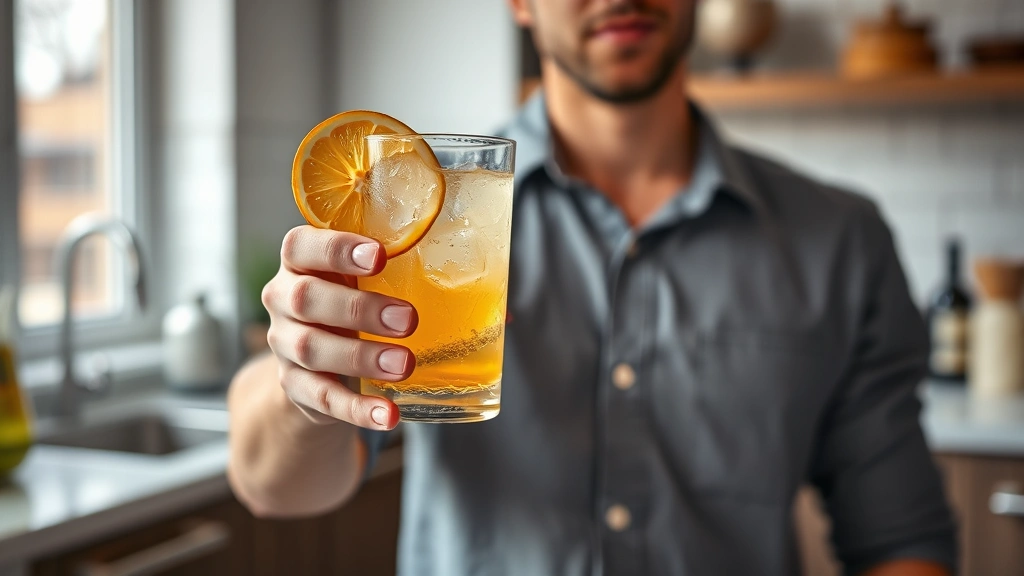 Contemporary lifestyle photograph of a person in a modern kitchen holding a clear cocktail glass with ice and citrus garnish, natural window lighting, focused on beverage presentation and responsible consumption context, no labels or text